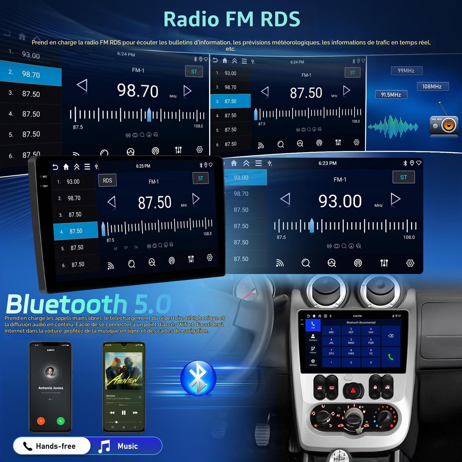 4G+64G Autoradio pour Renault Logan 1 Sandero 2009-2015/Dacia Duster 2010-2017 avec sans Fil Carplay et Android Auto, Radio à Écran Tactile 9 Pouces avec WiFi/GPS/Bluetooth 5.0/EQ/FM RDS Radio