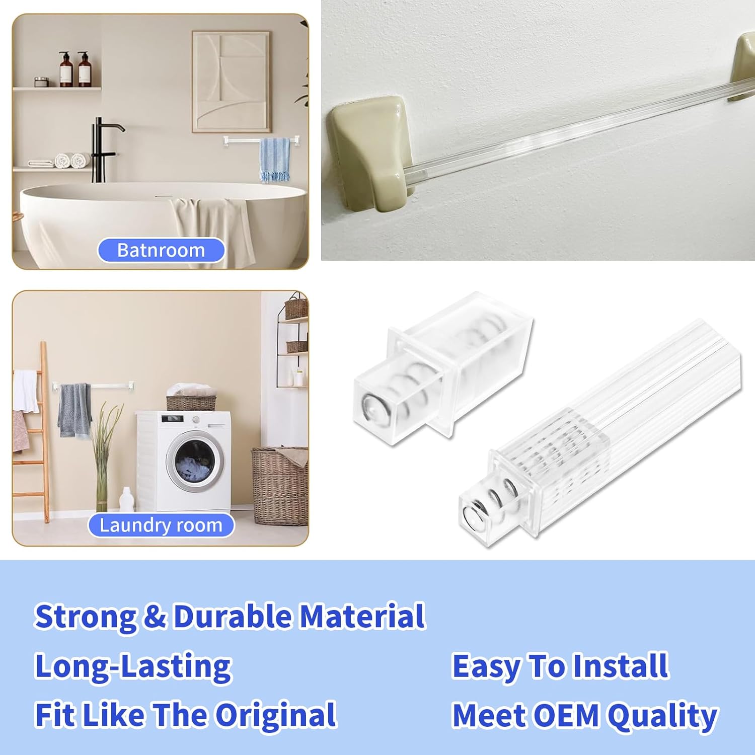 2 Pack 24 Inch Clear Bathroom Towel Bar Replacement Bar with Adjustable Spring End Sturdy Plastic Ceramic Rack Replacement Towel Bar Suitable for Kitchen and Bathroom Towel Storage