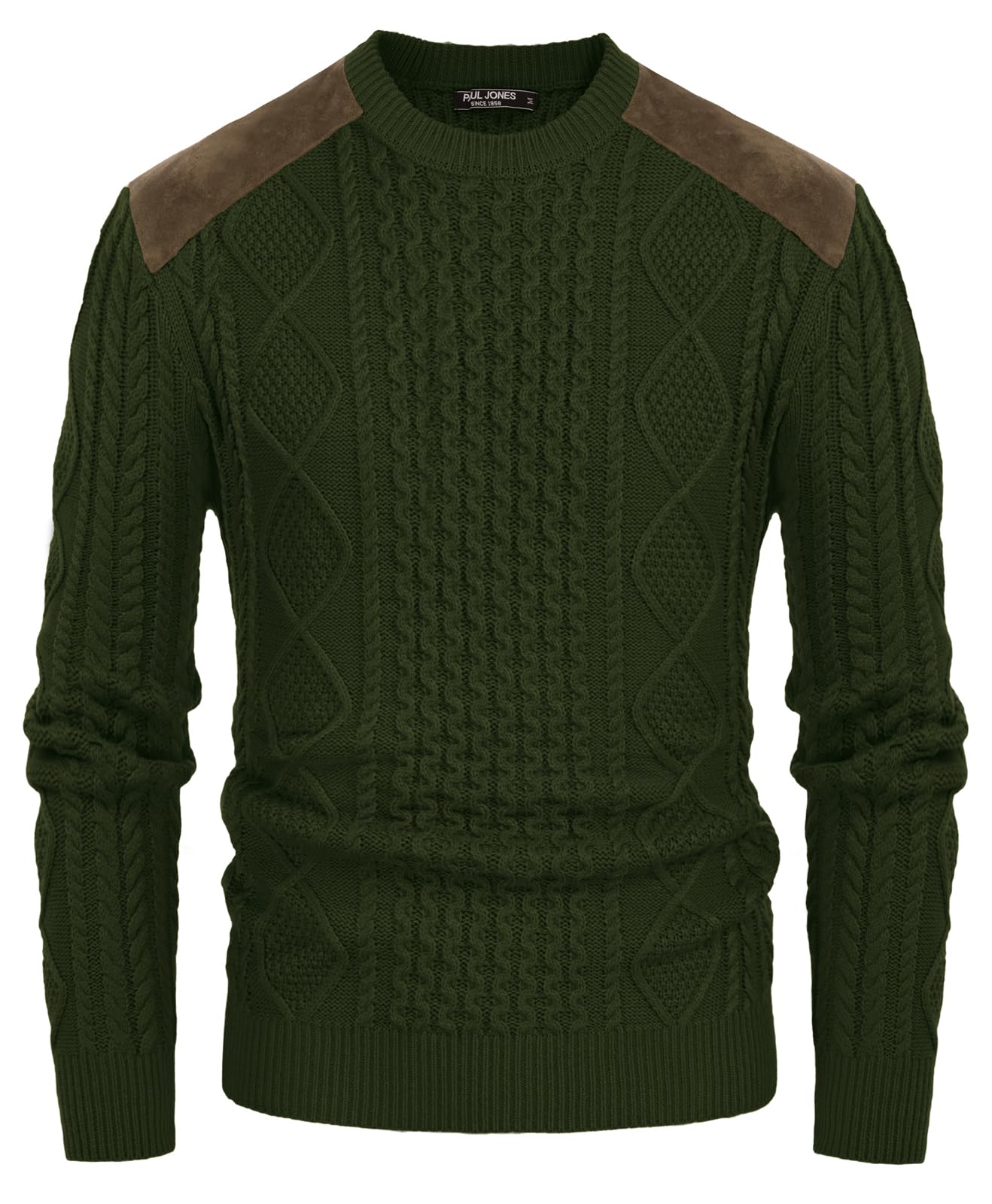 PJ PAUL JONES Mens Sweater Military Cable Knit Crewneck Vintage Long Sleeve Pulllover Sweaters with Suede Patchwork