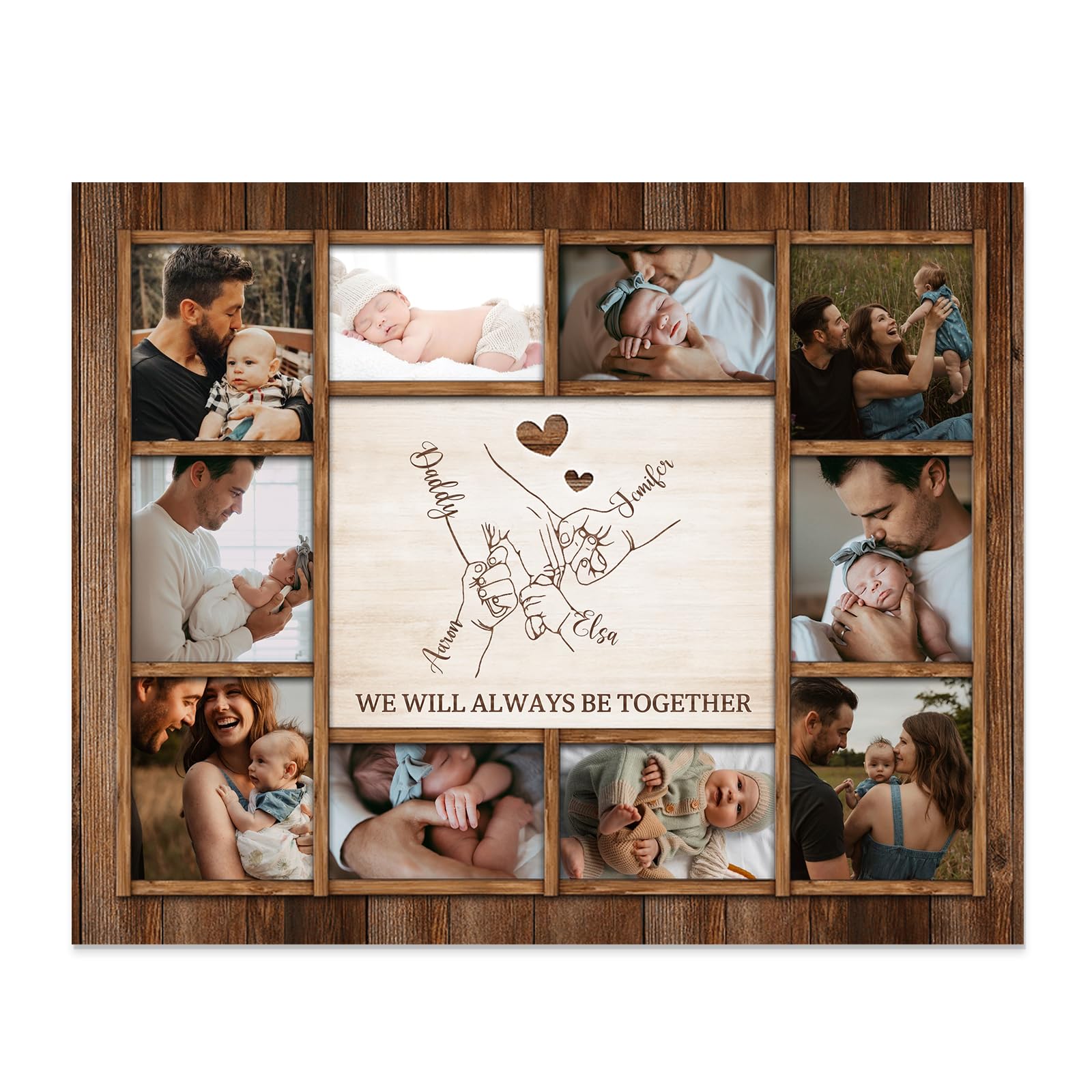 Fathers Day Personalized Wooden Photo Frame, Engraved 2-6 Names, First Father's Day Gift for Dad, Customised Gifts with Family Memorial Photos