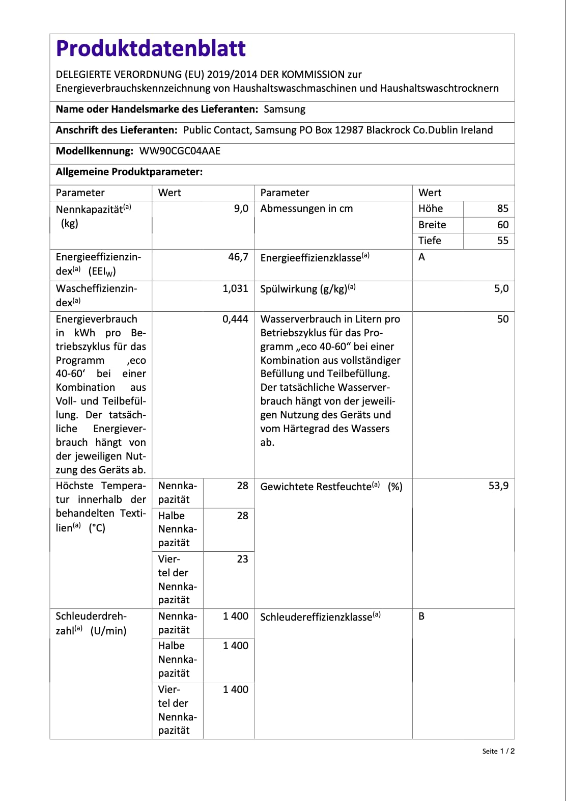 Samsung WW90CGC04AAEEG Frontlader-Waschmaschine, 9 kg Kapazität, Weiß