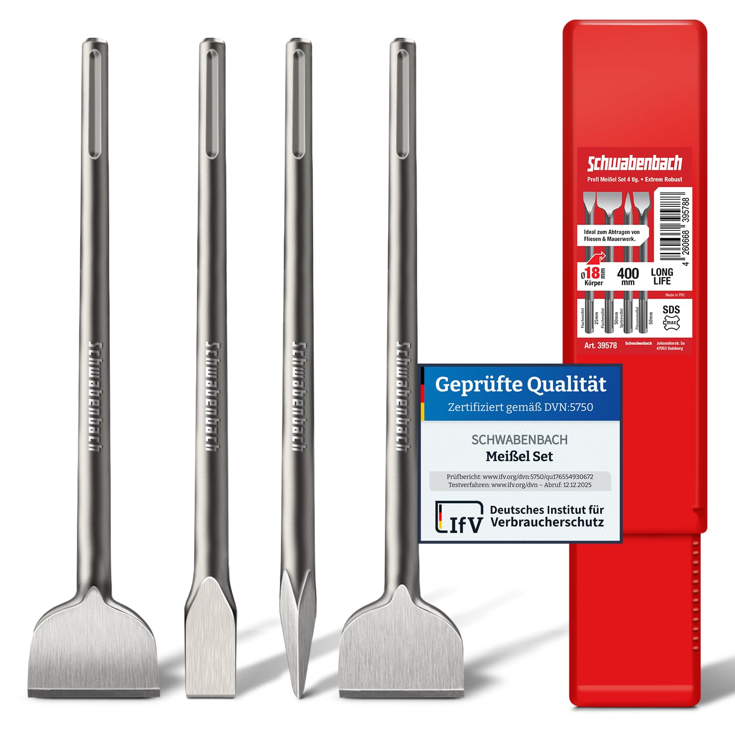 SCHWABENBACH® SDS Max Beitelset 600mm – 3-Delig: Platte Beitel 25mm Brede Beitel 50mm Puntbeitel – Extreem Robuust 40Cr Staal – Voor Bosch, Hilti, Metabo (geen SDS Plus