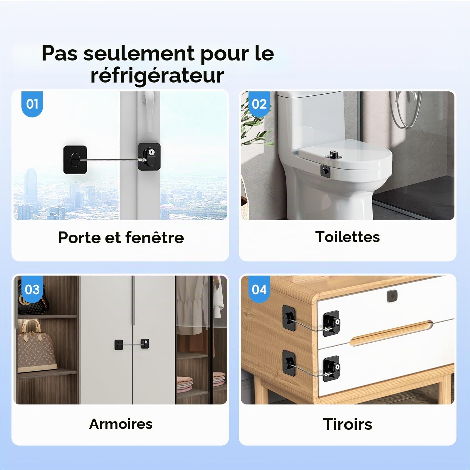Lot de 2 Cadenas Frigo pour Bloque Réfrigérateur, Armoires et Tiroirs, Four, Fenêtres, Verrou Frigo Enfants Sans Percage ni Outils, Serrure Sécurité pour Bébés, Enfants et Adultes (Noir) (EU Brevet)