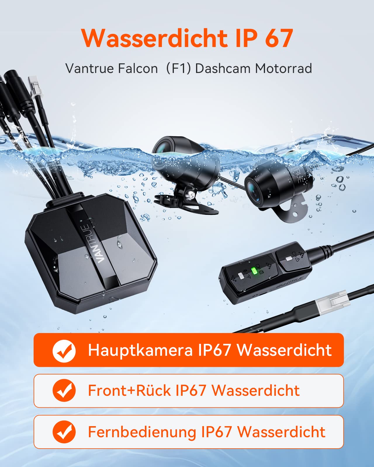 VANTRUE F1 4K+1080P Telecamera Moto Impermeabile IP67, 5GHz WiFi GPS Dash Cam Moto, Avvisi Vocali, 24H Rilevamento Collisione，Statistiche Chilometriche，WDR & HDR & APP, 300° Max 512G