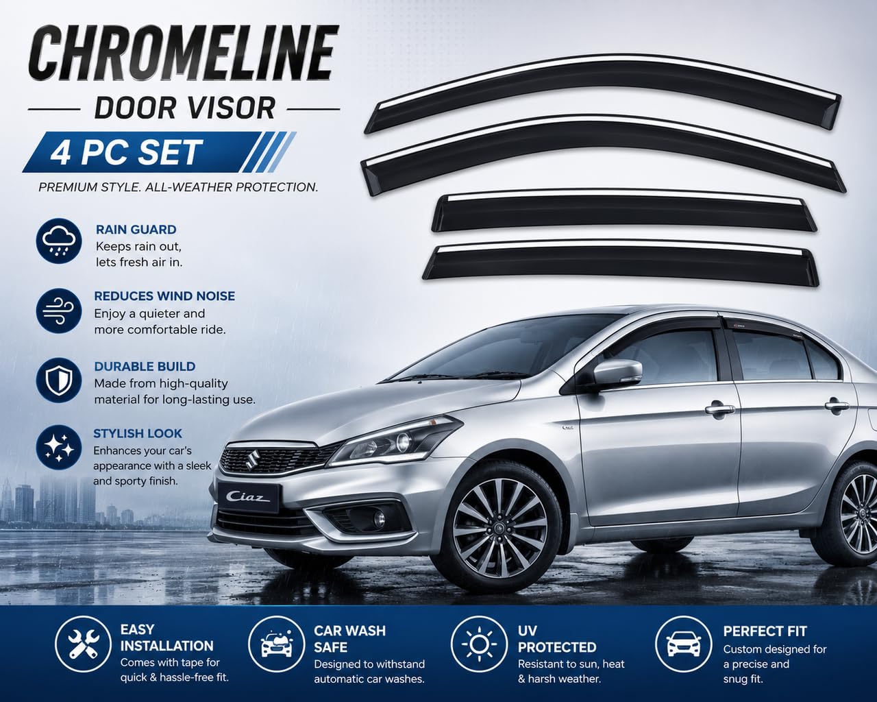 Auto E-Shopping Chromeline Door Rain Visor Wind Deflector for