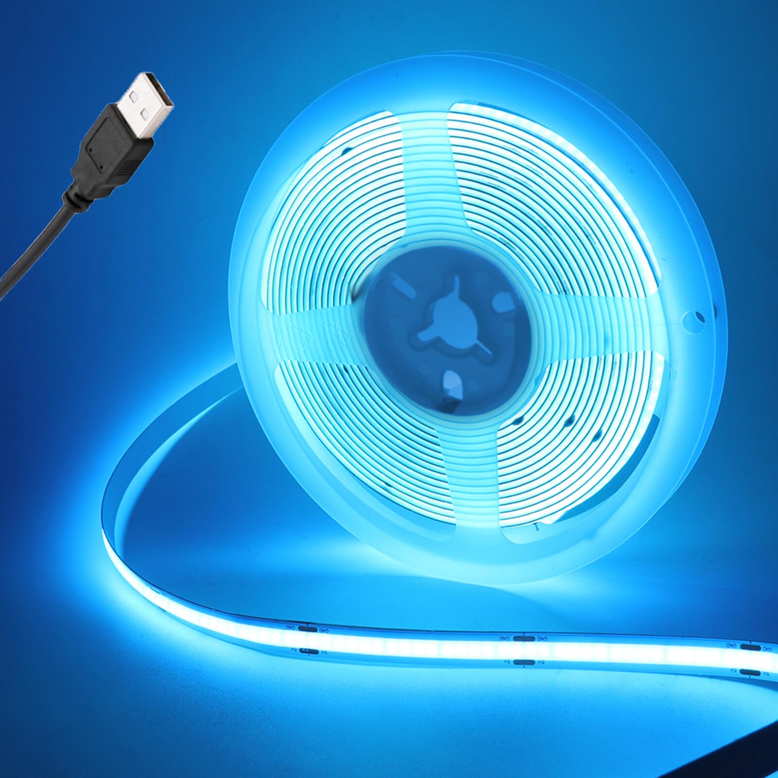 KAFULA 5V COB LED Light Strip Self-Adhesive [0.5M,Ice Blue], USB Powered, 320 LEDs/m Super Bright Flexible FCOB LED Fairy Lights CRI90+, Can be Cut Every 5cm, Bedroom Cabinet Kitchen TV Background