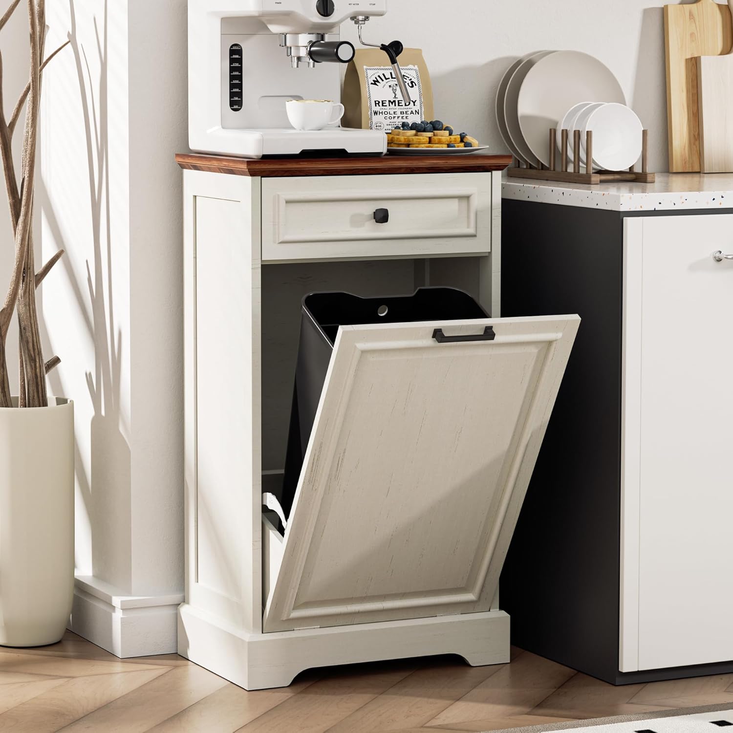 Tilt Out Trash Can Cabinet, Wooden Garbage Can Cabinet with Storage Drawer, Pet Proof, Laundry Hamper Cabinet Recycling Bin for Kitchen, Bathroom, Living Room, (Antique White and Brown)