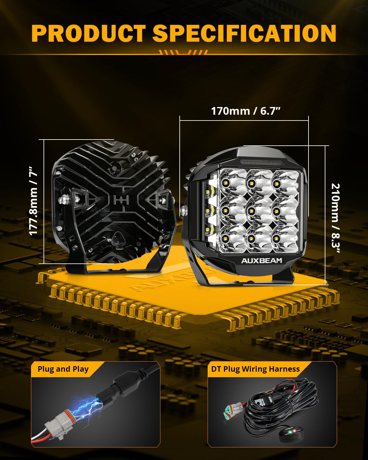 Auxbeam 7 Inch LED Pod Lights, 228W Super Bright Driving Side Shooter Lights with Amber DRL & Backlight, 270° V-MAX Series Cube Spot Flood Combo Work Spotlights Pod with Cover for Trucks SUV UTV ATV
