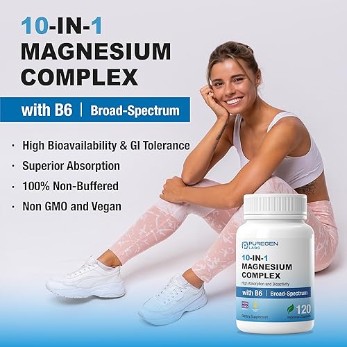 Miniatura 4 de Puregen Labs Complejo de magnesio 10 en 1 de 500 mg con cápsulas vegetales B6-120 [alta absorción y bioactividad] Sin OMG, sin gluten ni lácteos