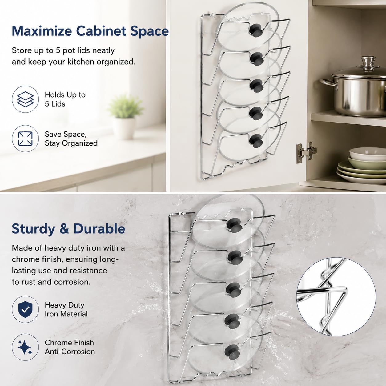 Yosoo Health Gear Support mural couvercles casseroles fer chromé