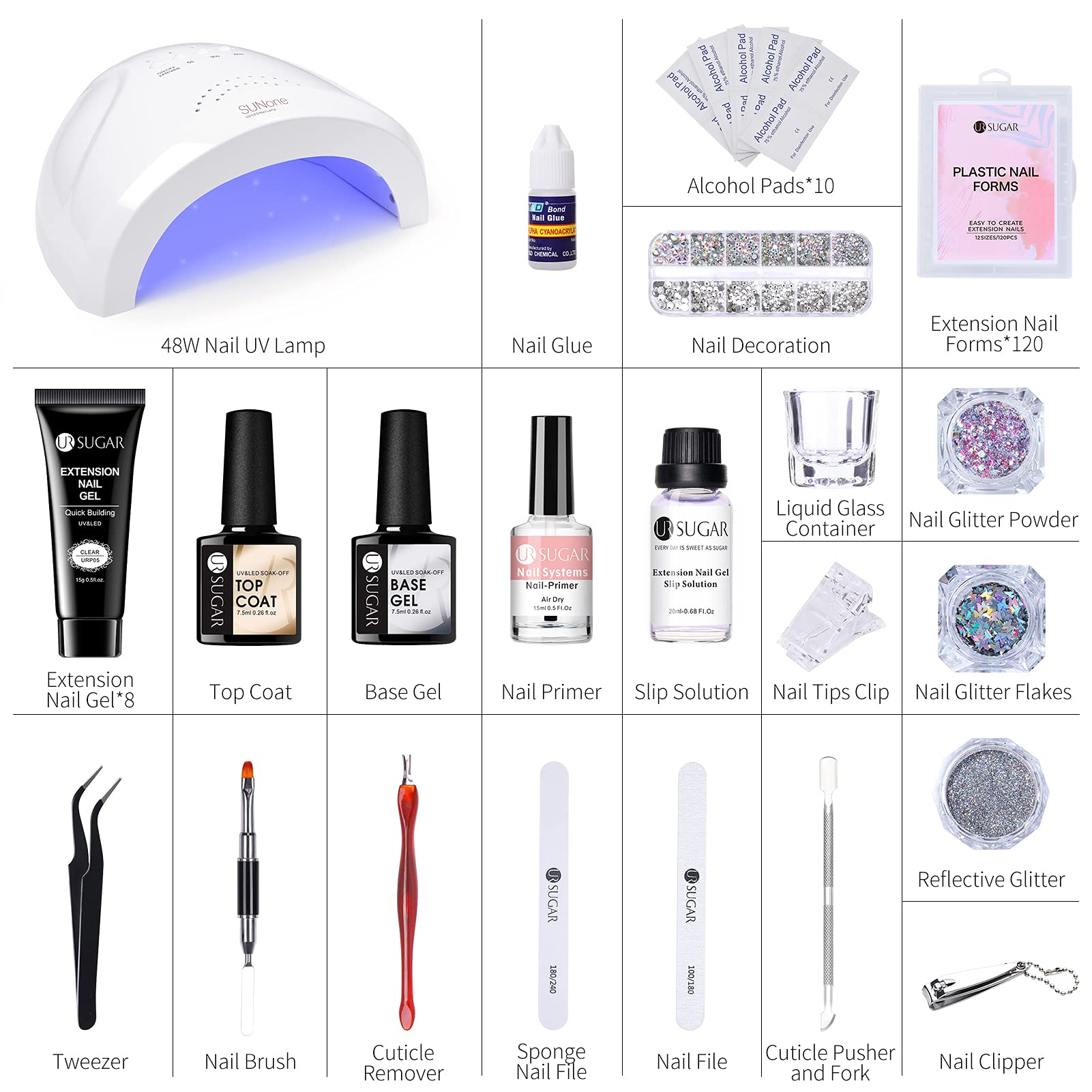 UR SUGAR Polygel Starter Set mit UV Lampe 48W, 8 Farben Gelnägel Starterset Nagelverlängerungs Set Poligelnagel Starterset UV Nägel Set Starterset Maniküre Komplette Gel Nägel Selber Set