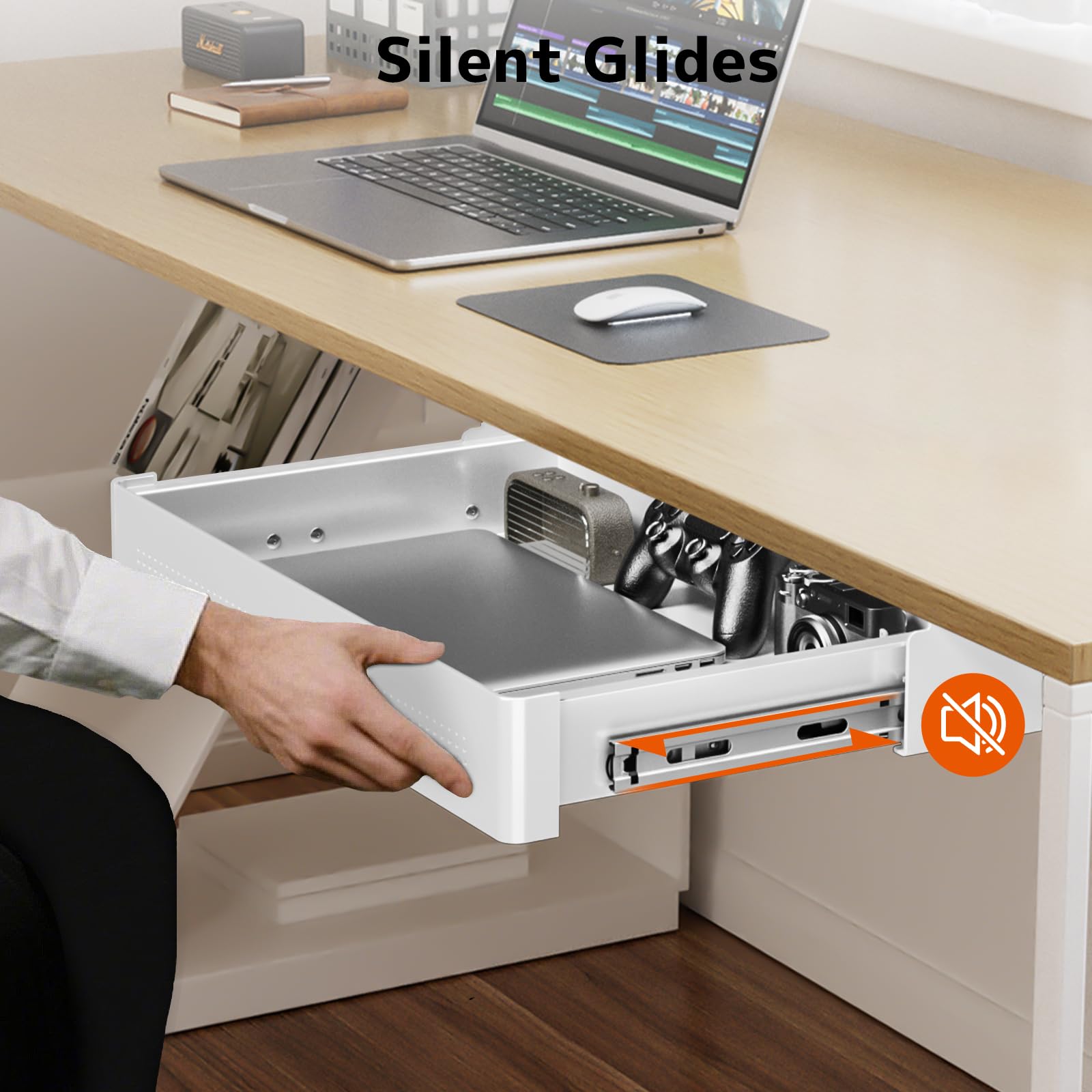 Tiroir de Rangement sous Bureau 400mm de large,Charge Max 8 kg | Organisateur Coulissant Fluide pour Bureau Assis-Debout et Bureau à Domicile,Glisse Silencieuse,Blanc