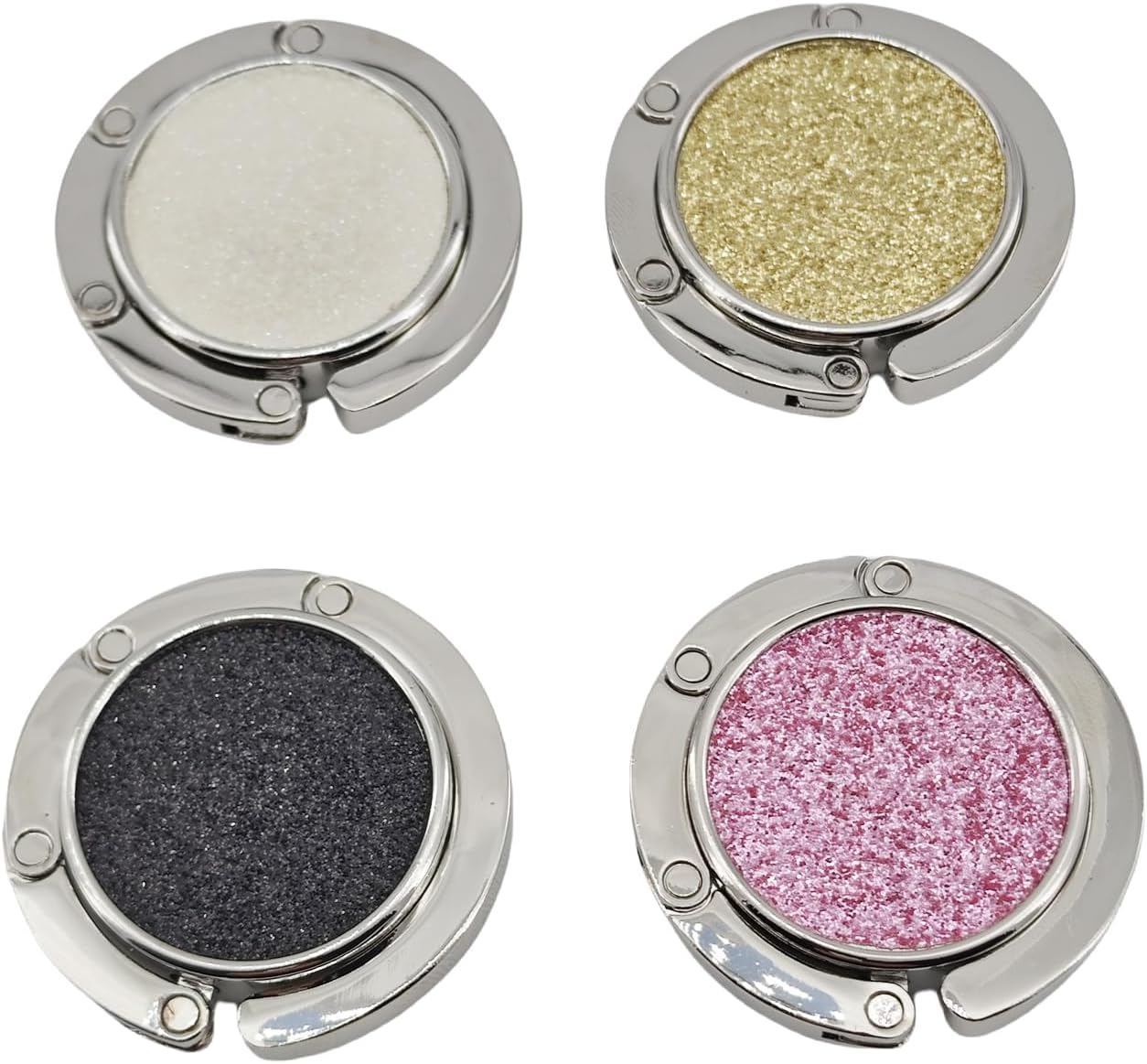 YEMCHI 4 Pack Foldable Purse Hook for Table, Folding Women's Handbag Hangers Hooks for Desk, Bling Table Bag Holder for Women Bag Mixed Color(1 Black & 1 White & 1 Gold & 1 Pink)