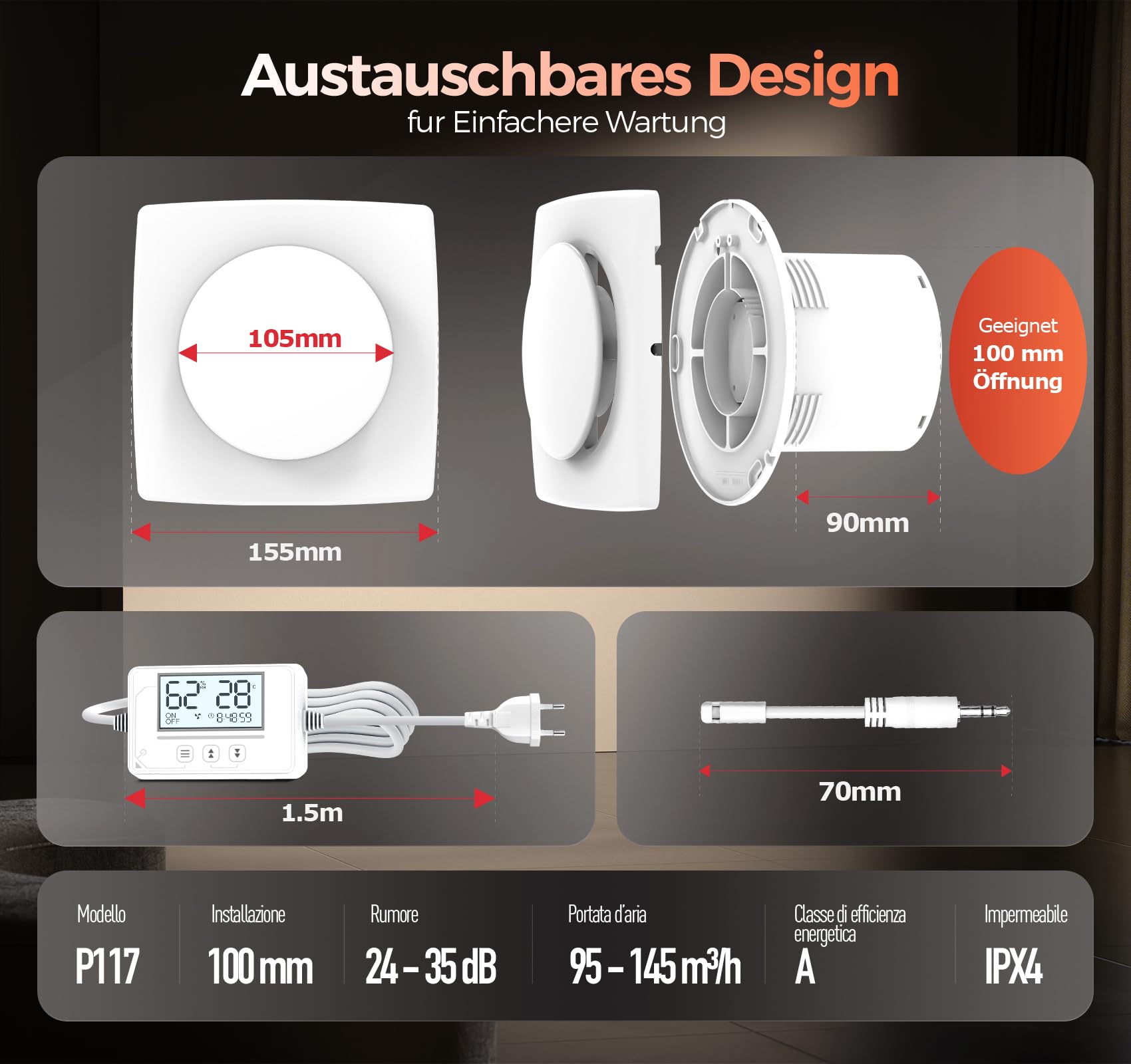 3 Velocità Aspiratore bagno con Sensore Umidità, Sensore Temperatura, Timer - Automatico Estrattore Aria 100mm - Silenzioso Potente Ventola aspirazione bagno WC cantina P117 (senza telecomando)