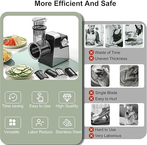 Miniatura 8 de Rallador Eléctrico de Queso, Fabricante de Ensalada 5 en 1 con Cuchillas de Acero Inoxidable, TrituradorRebanador Eléctrico de 350W, Máquina
