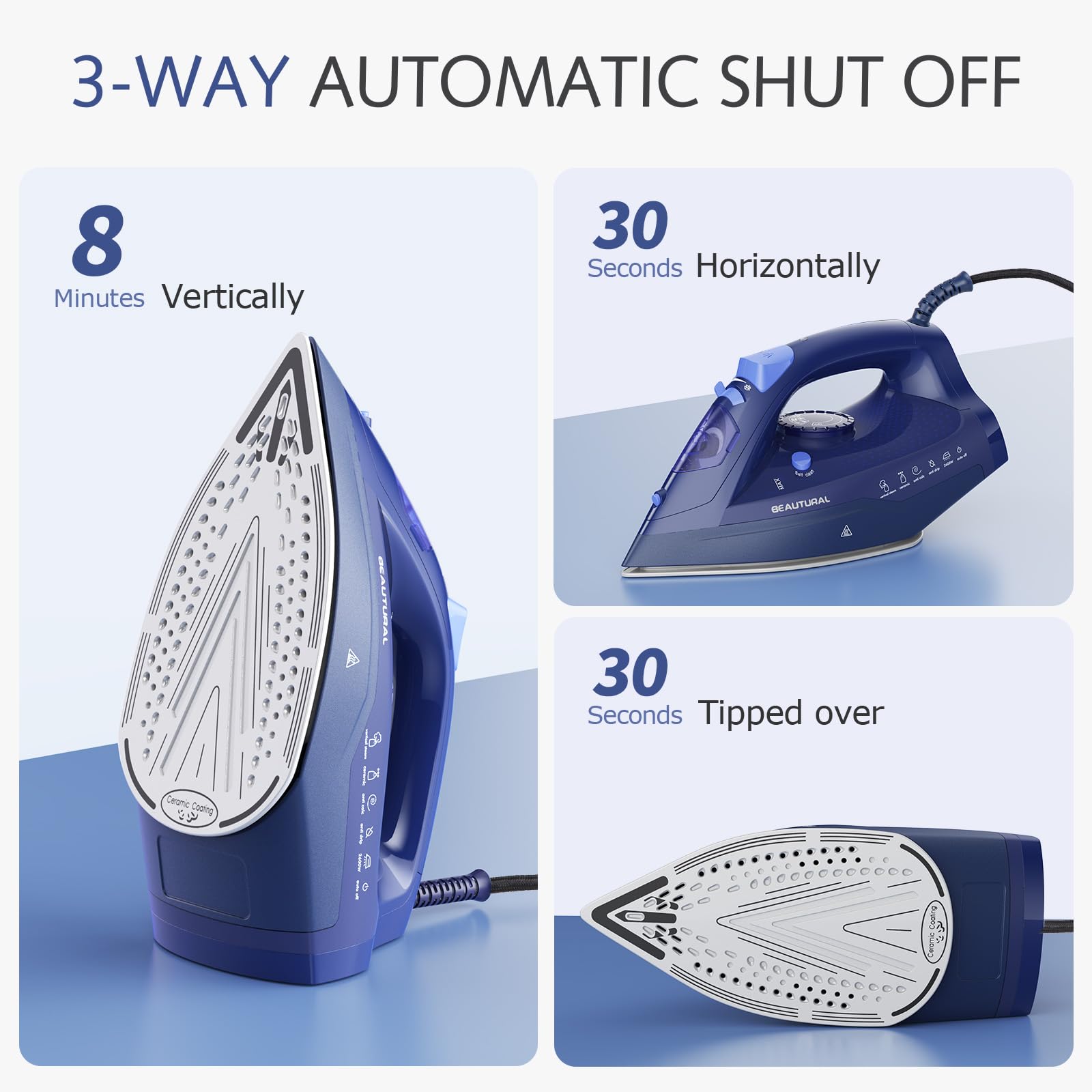 BEAUTURAL Ferro da Stiro per Vestiti con Termostato di Precisione, Piastra in Ceramica, Spegnimento Automatico, Autopulizia, Anticalcare, Antigoccia e Protezione dal Surriscaldamento, 2600W