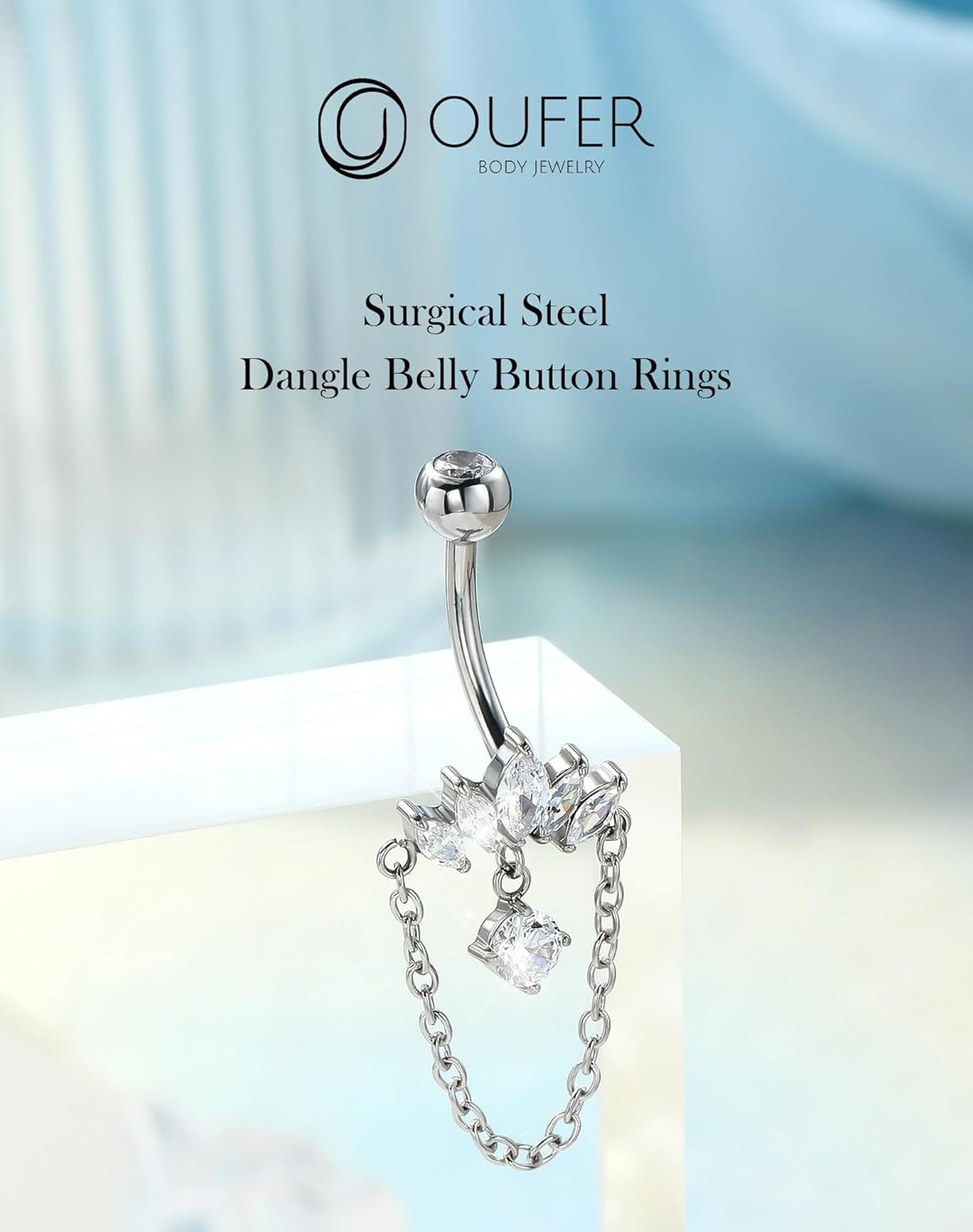 OUFER 316L Surgical Steel Belly Button Rings, Dangling Chains Belly Rings for Women, 14G Navel Piercing Jewelry, Marquise Dangle Curved Barbells Silver Body Piercing Jewelry - Image 2