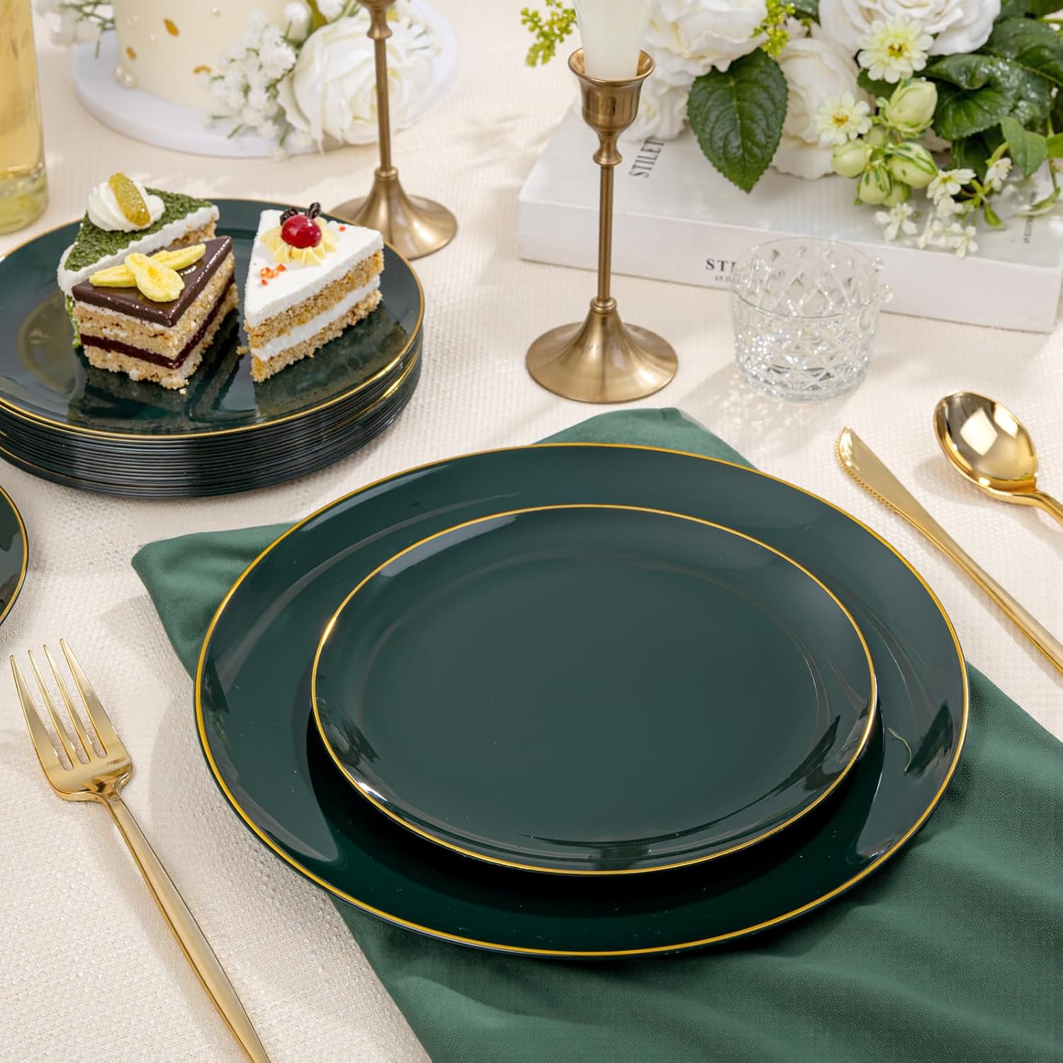 bUCLA 200PCS Green Plastic Plates - Green Disposable with Gold Rim Include 100 Dinner 10 inch & 100 Dessert 7 inch Plates, Ideal for Party & Christmas - Image 4