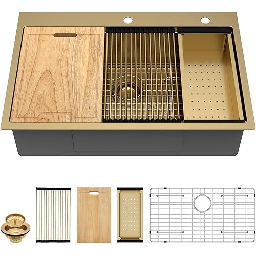 33 Gold Drop In Kitchen Sink - Kichae 33x22 Gold Brushed Stainless Steel Drop Sink 16 Gauge Ledge Workstation Single Bowl Topmount Overmount Handmade Basin with Cutting Board