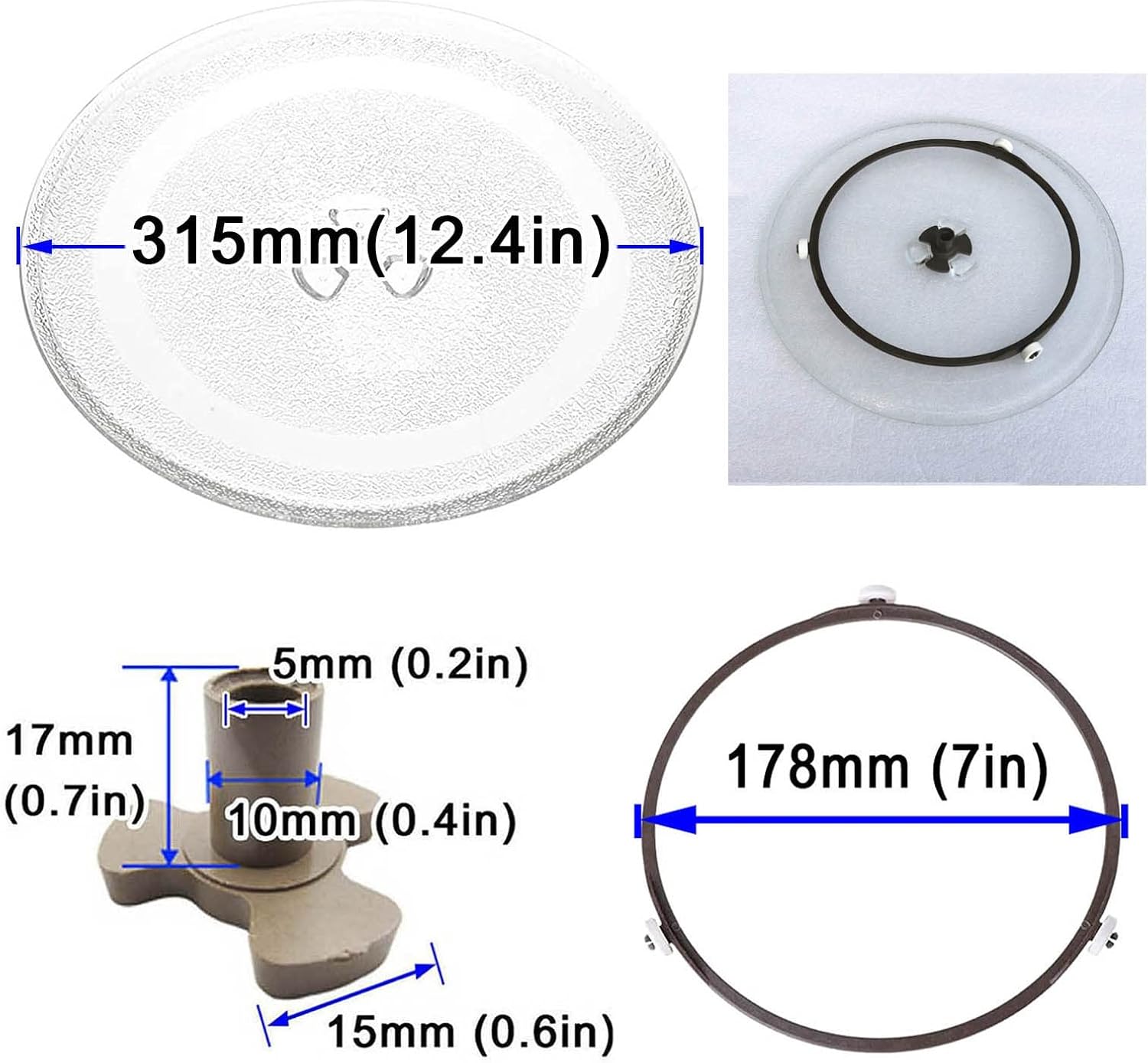 270mm Microwave Glass Plate Replacement With 3 Fixers, Microwave Glass Turntable Plate With Turntable Ring And Support, 315mm Diameter Round Microwave Oven ​Glass Plate, Heat Resistance