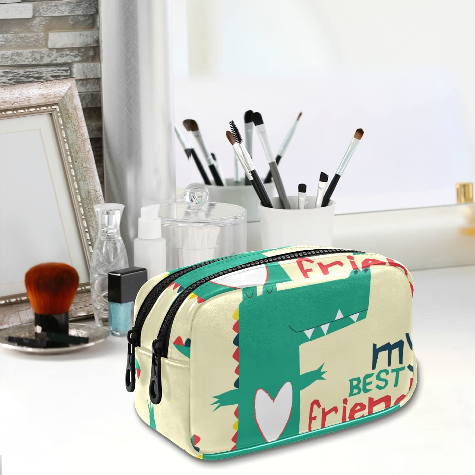 Astuccio Portapenne Rotondo Dinosauri Verde – Borsa Porta Penna In Tessuto, Leggera, Con Doppia Cerniera, Per Bambini, Studenti, Ufficio, Viaggi, Trolley - 3