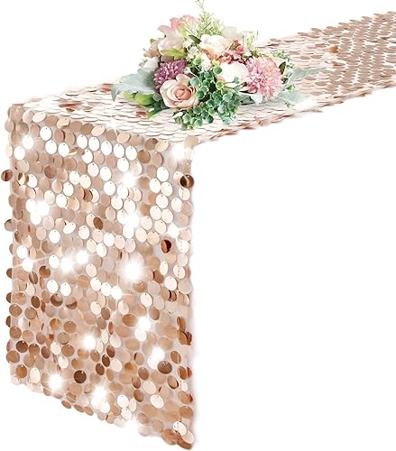 Pufogu Camino de mesa de lentejuelas de 12 x 108 pulgadas, camino de mesa rectangular de lentejuelas grandes con purpurina color oro rosa para