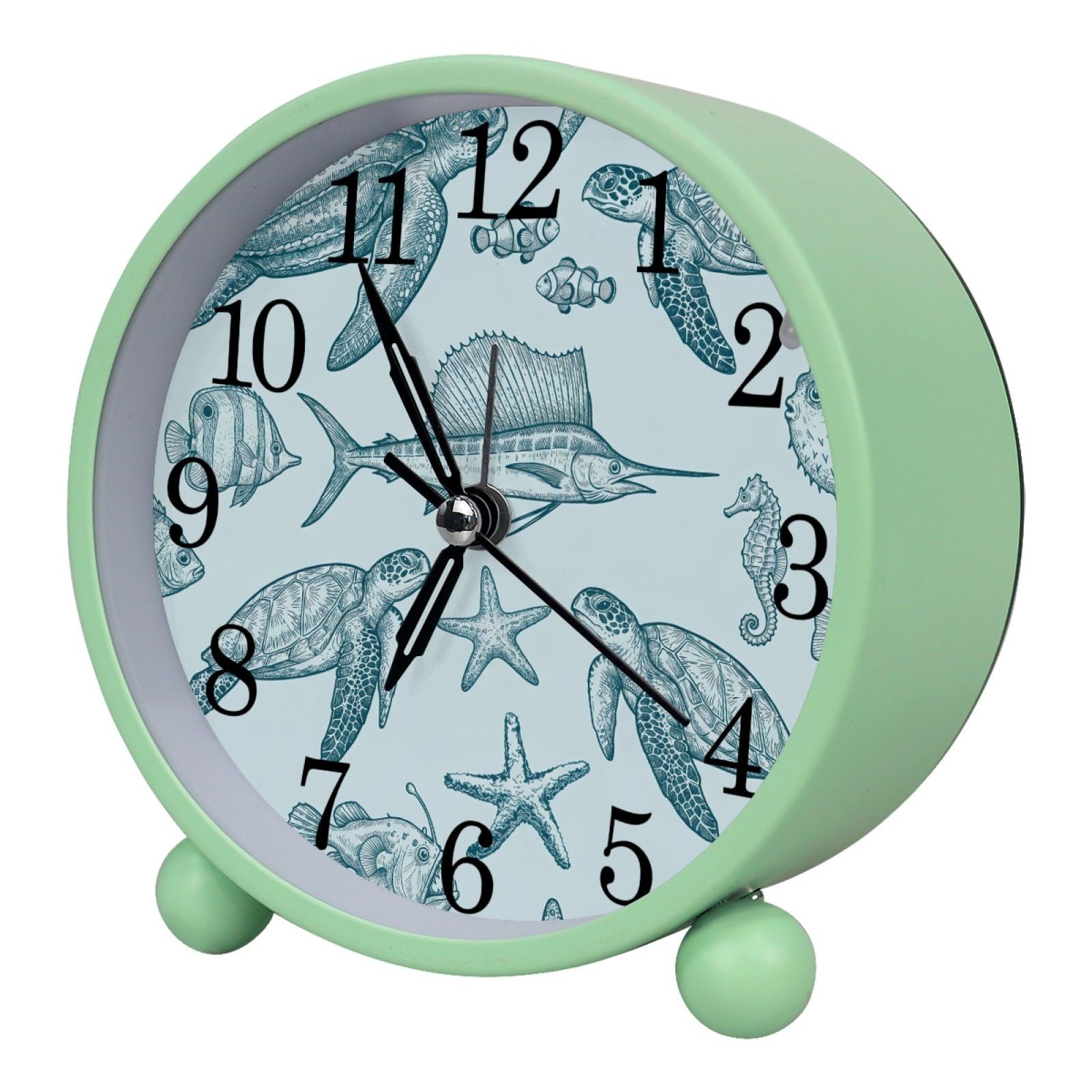 etoenbrc Ocean Fish and Turtles Round Battery Operated Bedside Alarm Clock Non-Ticking Desktop Silent Analog Alarm Clock with Light