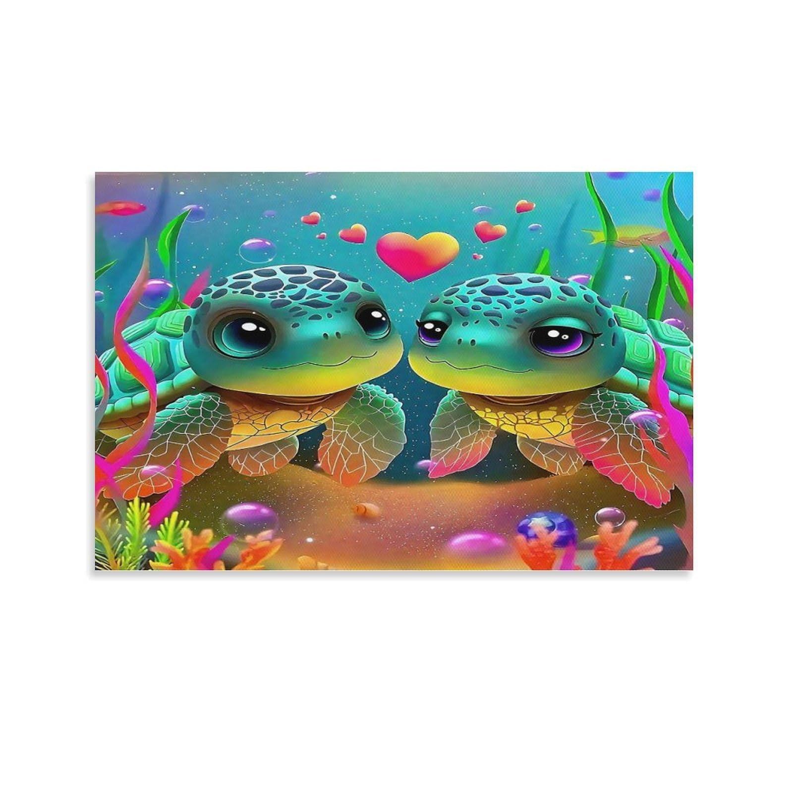 CPLVKWRQJ Sea Turtle And Heart-Shaped Beach with Blue Sea And Sky Cute Loving Baby Sea Turtles Underwater Framed Wall Art - Living Room Gallery Wall Focal Point Ready to Hang Decor 16x24inch(40x60cm)