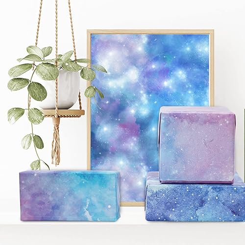 Miniatura 6 de Whaline 12 hojas de papel de regalo de galaxia púrpura azul cielo estrellado de ensueño papel de regalo para cumpleaños, baby shower, manualidades,