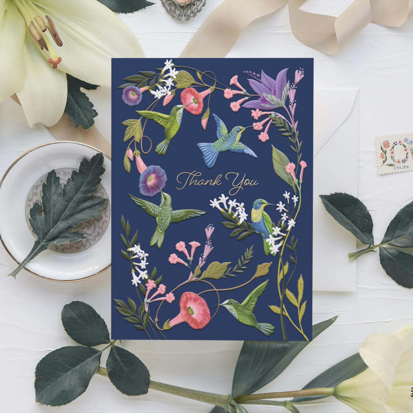 Punch Studio Thank You Cards with Envelopes - Embossed 12-Count Luxe Boxed Notecards, Hummingbirds with Gold Foil