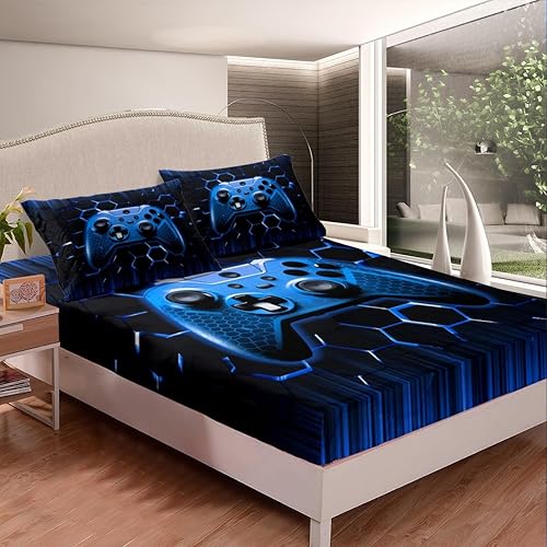 Miniatura 2 de Manfei Honeycomb - Sábana bajera ajustable con estampado de consola de videojuegos, tamaño matrimonial, juego de ropa de cama geométrico azul de 3