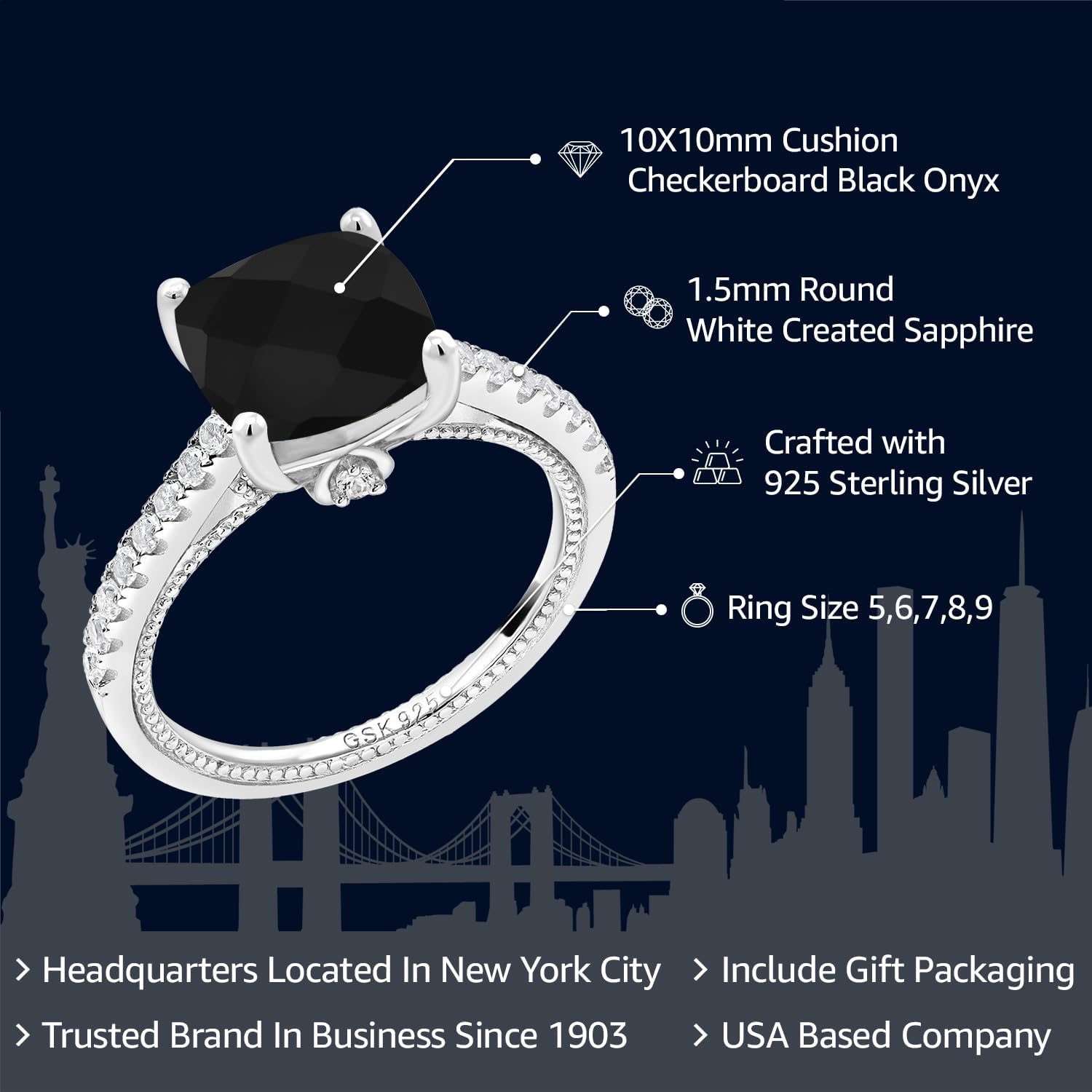 Gem Stone King 4.07 Cttw Black Onyx and White Created Sapphire Engagement Ring For Women | 925 Sterling Silver | Cushion Checkerboard Cut 10MM | Wedding Engagement Anniversary Promise Ring