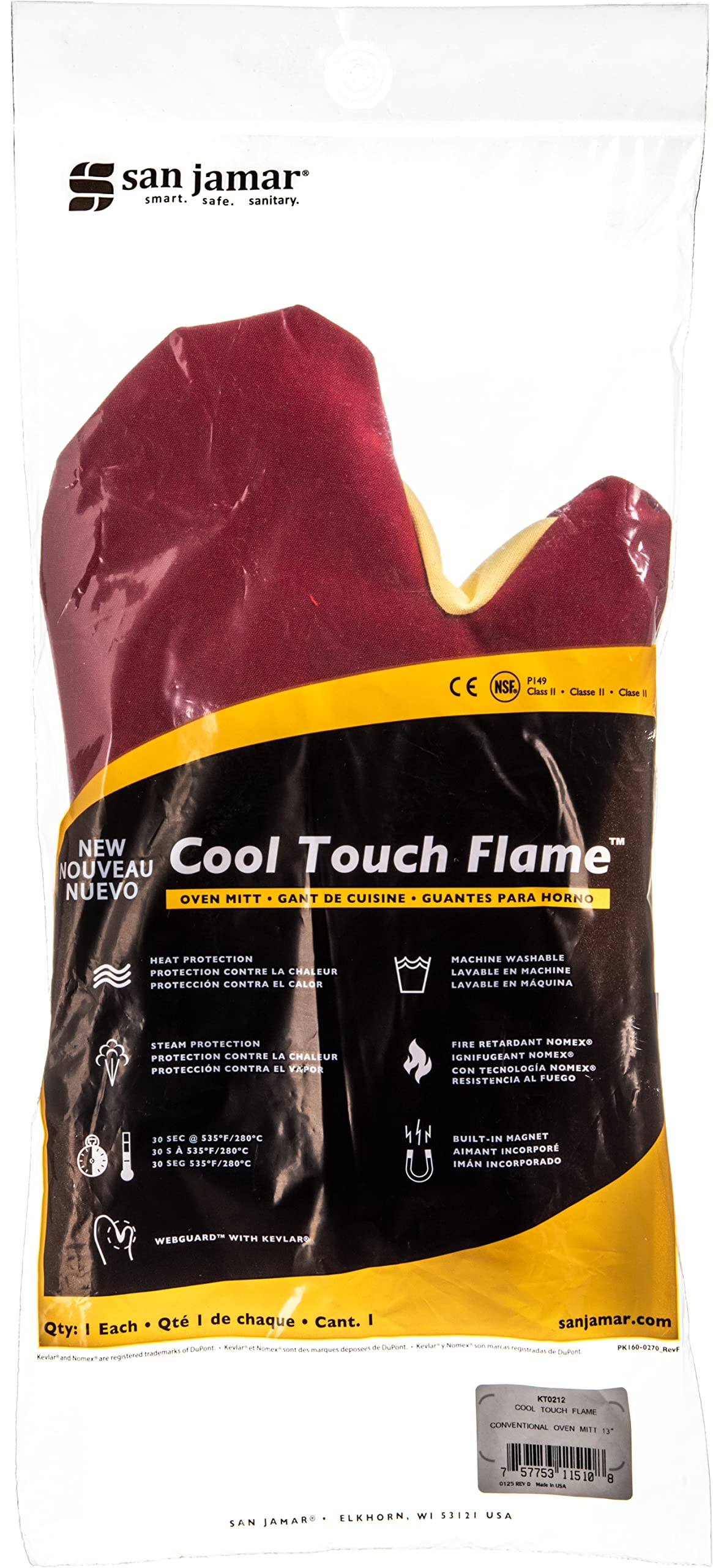 San Jamar kt0212 Cool Touch Llama convencional con guante de Kevlar, protección hasta 280 °C para 30 Segundo, 330 mm de longitud