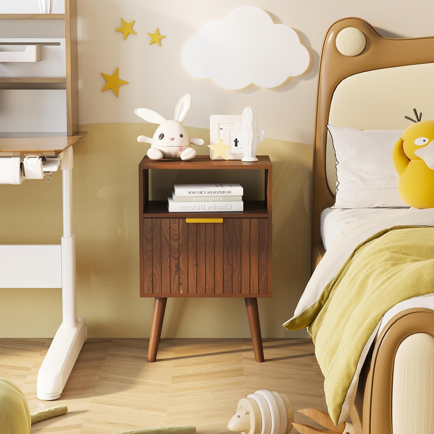 Nightstand, 2-Tier Night Stand with Drawer, Wooden Bedside Table for Bedroom Study Room Small Spaces, Rustic Brown