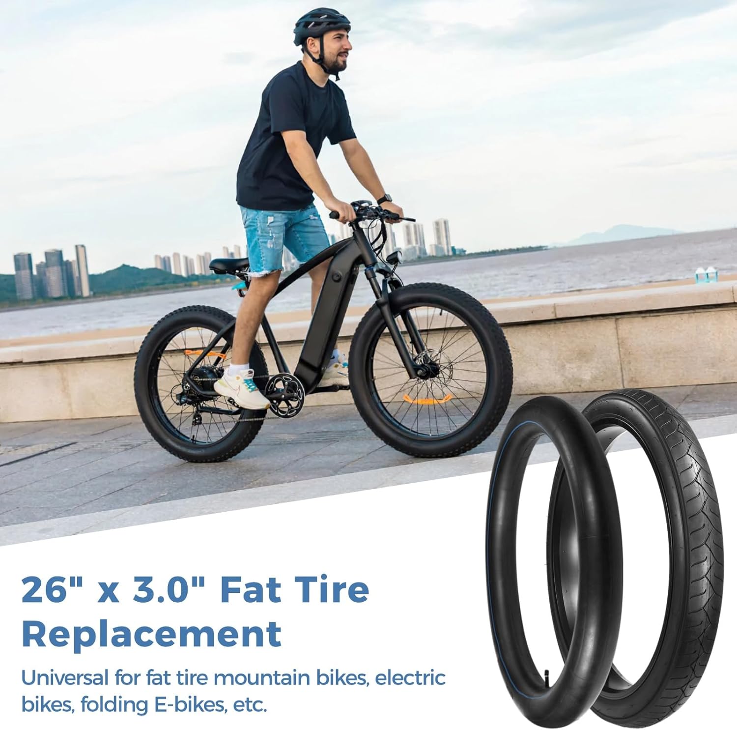yeesport 26x3.0 Folding Fat Bike Tire with Inner Tube & Levers, 26 Inch Fat Tire Replacement for Mountain Bikes and Ebikes, Commuter Bicycle Tire for City Streets, Beach, Light Off-Road