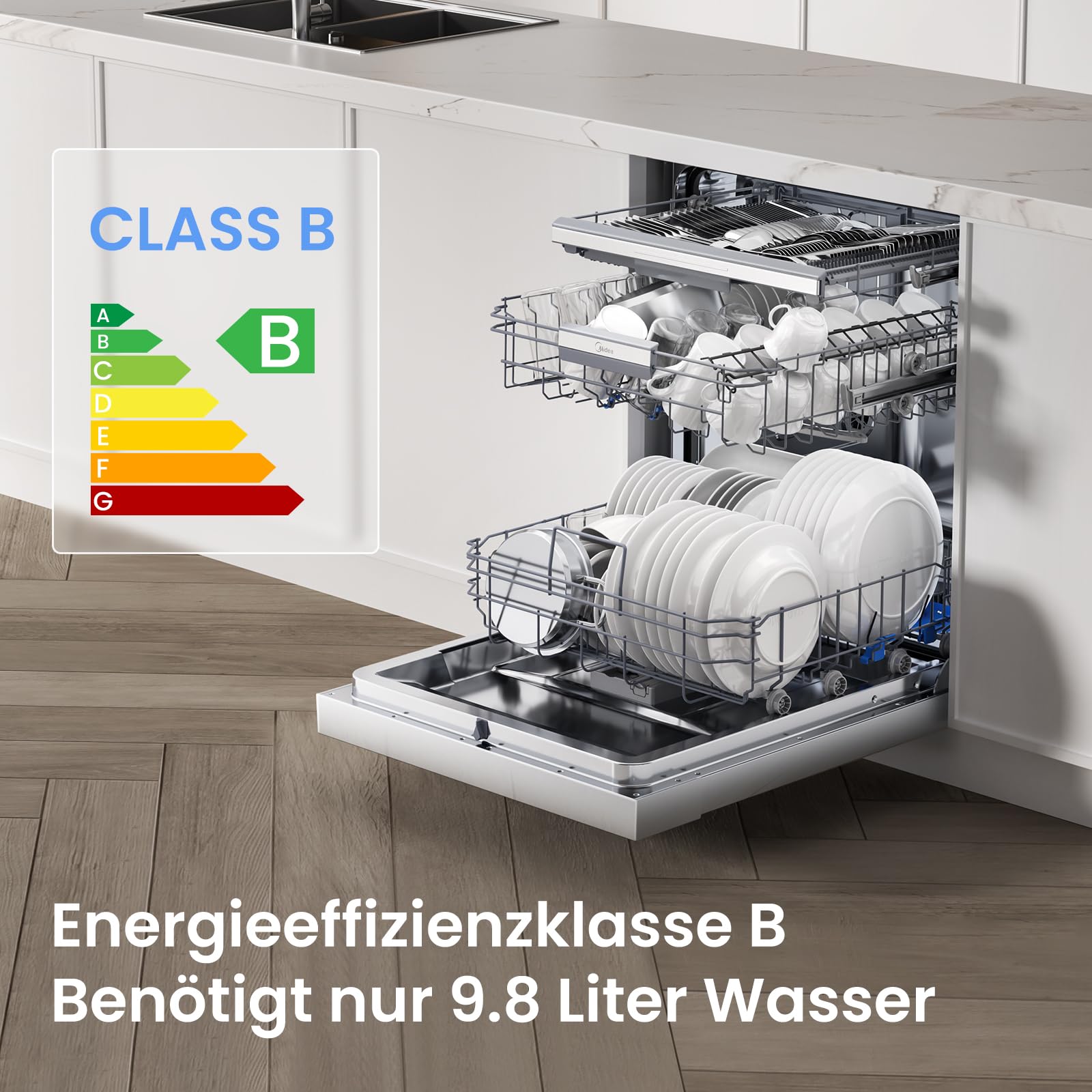 Midea Geschirrspüler 60cm Unterbau 14 Maßgedecke Teilintegrierbar mit WiFi Extra Trocknung 42dB Inox