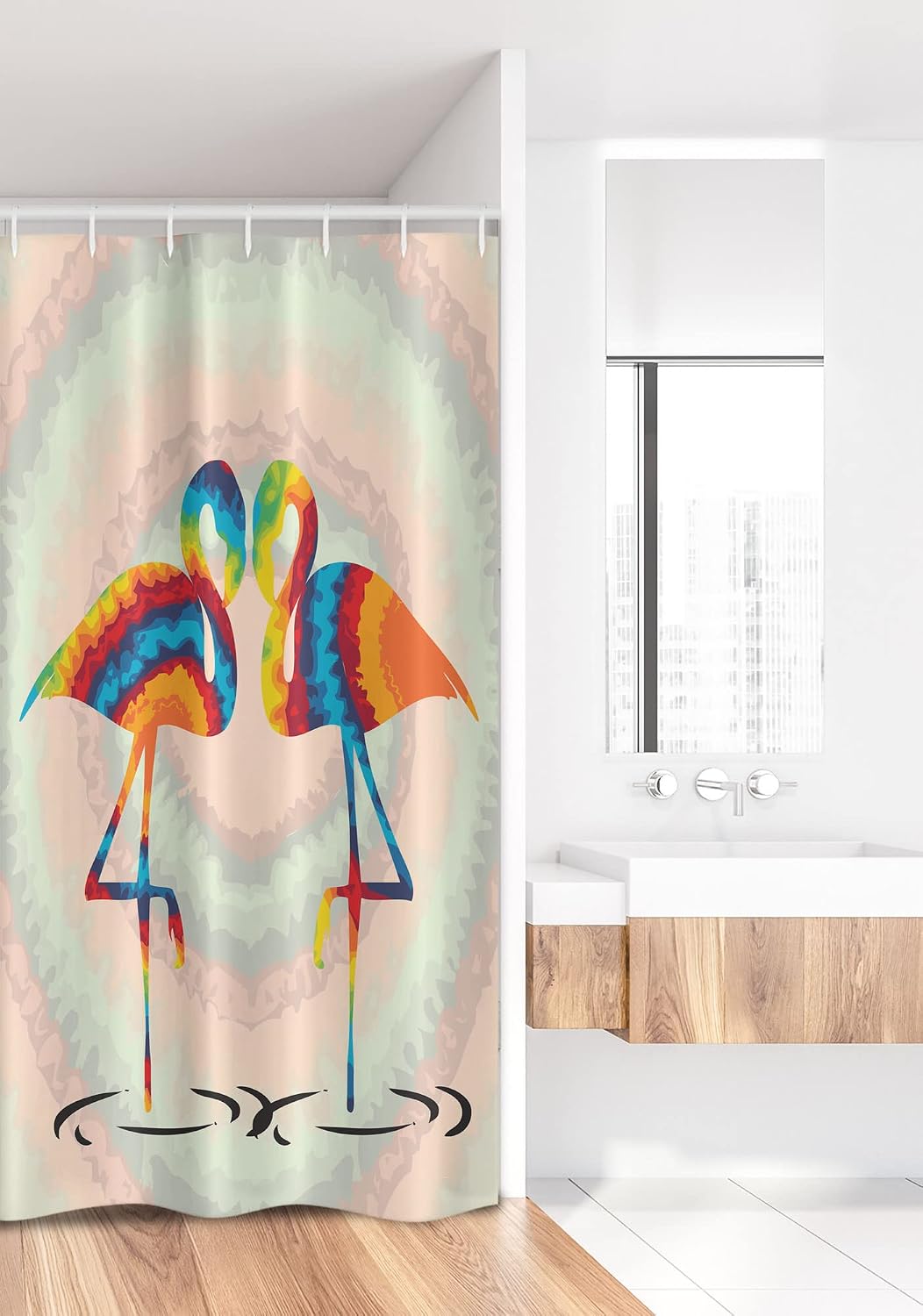 Ambesonne Flamingo Stall Shower Curtain, Colorful Love Valentine Flamingos Illustration Retro Circles at Back Funky Print, Fabric Bathroom Decor Set with Hooks, 36" W x 72" L, Blush Apricot Soft Blue