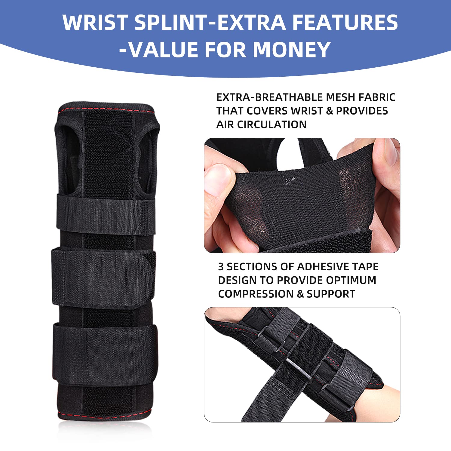 Offtrte Carpal Tunnel Splint, Wrist Brace for Men & Women, supporto regolabile a compressione per mani destra e sinistra per rilievo, tendinite, artrite, spray, Nero