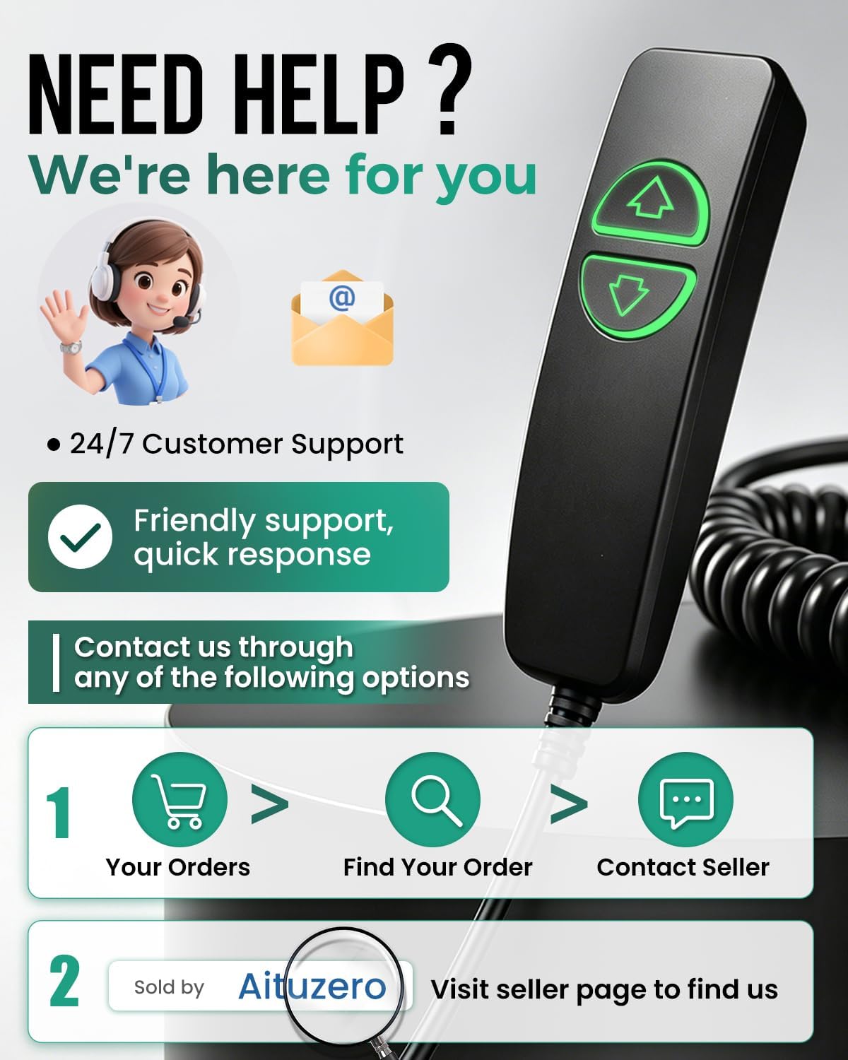 2 Button 5 Pin Lift Chair Remote Control Compatible with MCombo Single Motor Power Recliners and Other Single Motor Lift Chiars, Hand Control with Green Backlit