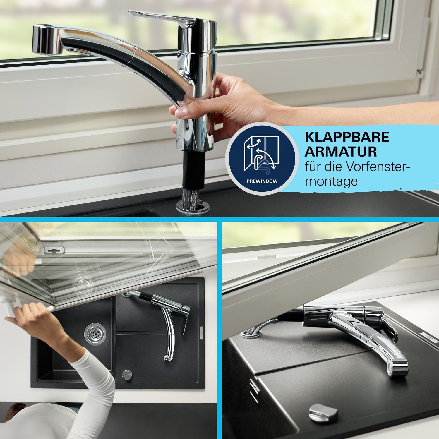 GROHE Start, Küchenarmatur für Vor-Fenster-Montage, 2 Strahlarten (Wasserhahn Küchen mit herausziehbarer Brause, 90° schwenkbar, wassersparend, werkzeugfreie Montage), chrom, 1012410000