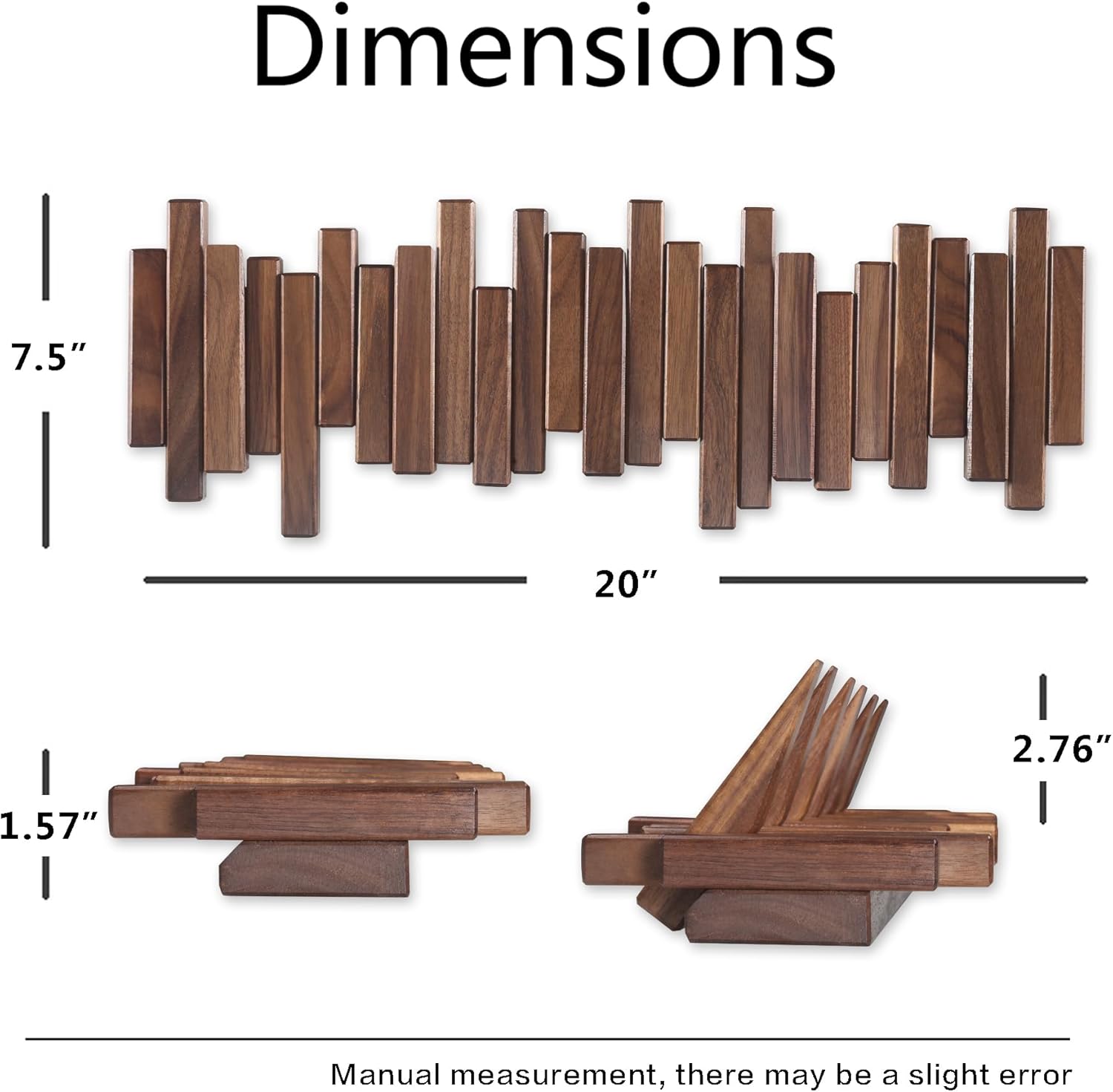 Wooden Coat Rack Wall Mounted Sticks Multi Rack Solid Handmade Natural Walnut Wood Artwork with 5 Flip-Down Unique Modern Hooks for Coats Bag Hat Umbrella