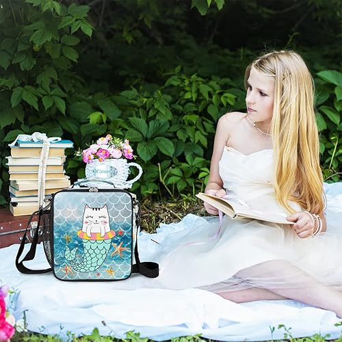 Miniatura 6 de UOYO Lonchera con diseño de gato y sirena de mar para niñas y niños, con diseño de estrella de mar y mar, bolsa de almuerzo aislada, grande,