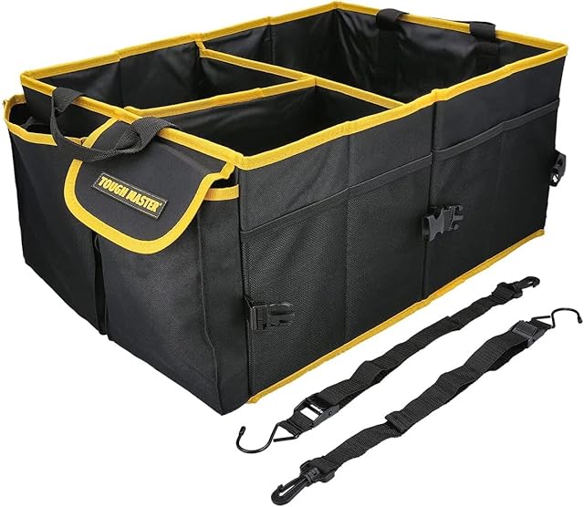 TOUGH MASTER Boot Organiser For Car, Large Capacity Collapsible Boot Tidy Bag, Heavy Duty Shopping Travel Holder For SUV, Car, Mini Van, Truck, Black & Yellow 600D Polyester