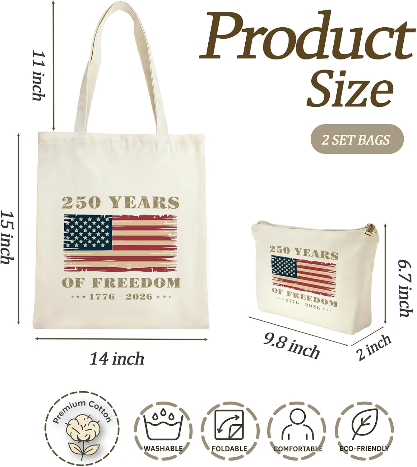 2 Pack Canvas Tote & Makeup Bag, 250th Anniversary USA, Reusable Grocery Bags for Shopping Travel image 2