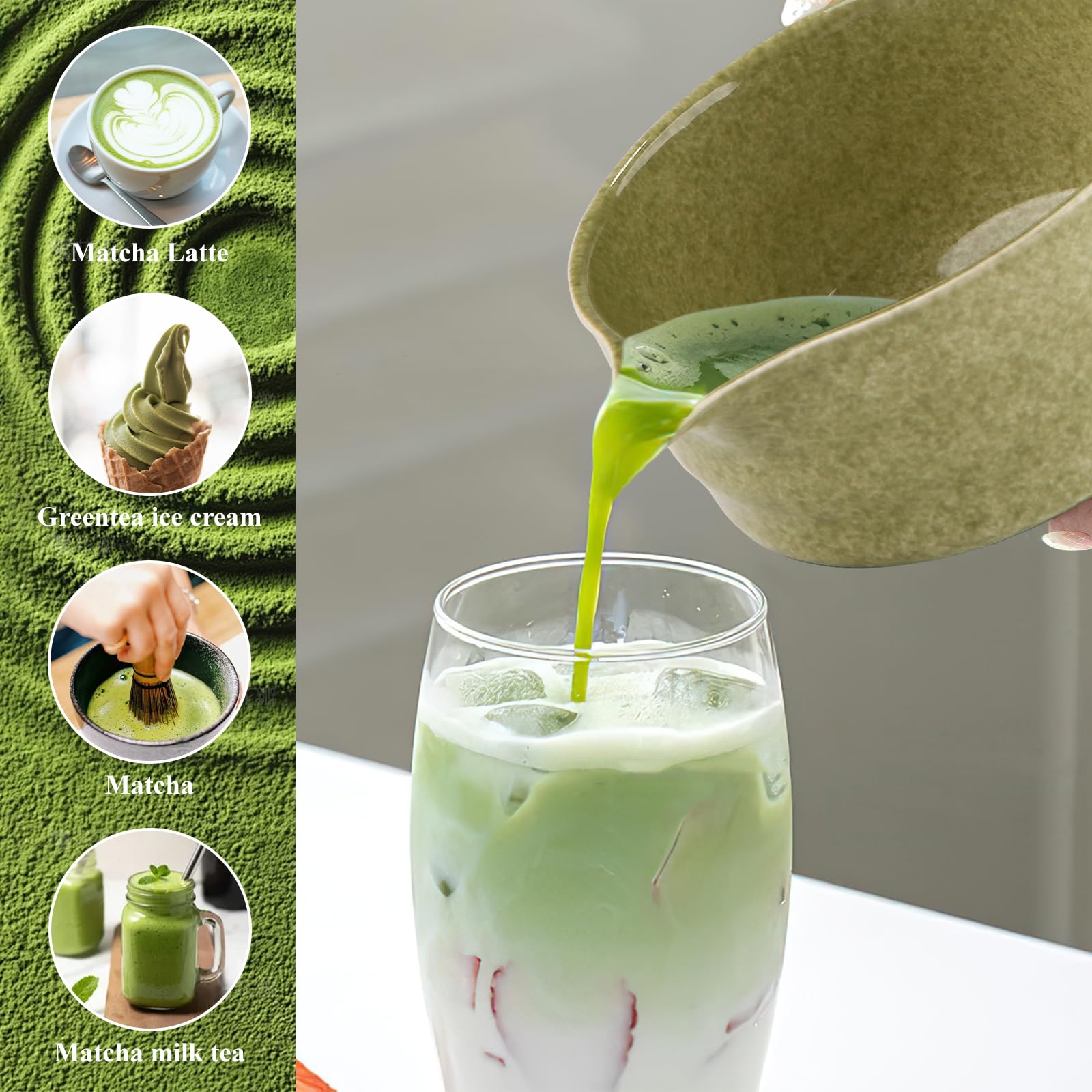 Matcha Set, 7 Teiliges Premium MatchaTea Sets mit Matcha Schale, Bambusbesen und Matcha-Löffel Filterlöffel, Matcha-Besenständer, Japanische Matcha-Tee-Set, Grün gesprenkelt