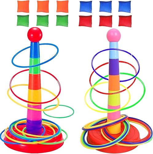 ailixinda Colorido juego de lanzamiento de anillos deportivos de plástico para niños, 2 columnas coloridas+48 anillos+12 bolsas de frijoles,