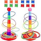 Colorful Plastic Sport Ring Toss Game Set for Kids,2 Colorful Columns+48 Rings+12 Bean Bags,Outside Toys Carnival Ring Circle Game,Outdoor Kids Sports Educational Toys