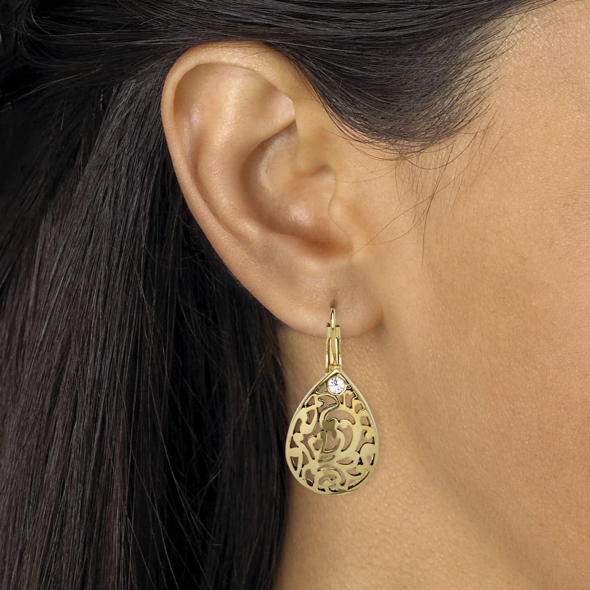 PalmBeach Yellow Gold-plated Round Crystal Filigree Pear Drop Earrings (35x17mm)