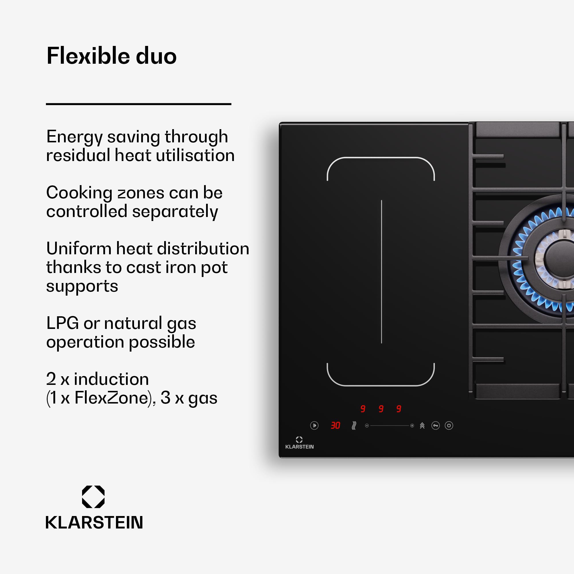 Klarstein MultiChef 5 płyta indukcyjna i gazowa - 5 stref, Flexzone, 10,6 Kw, zamek błyskawiczny, wyłącznik i GB, timer, czarny, 87,5 cm