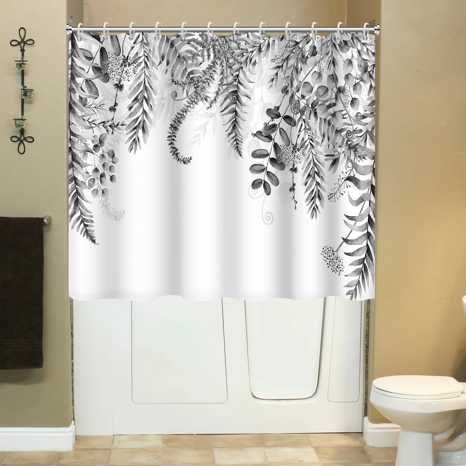 Rideau de douche court, rideau de salle de bain à motif d'eucalyptus gris aquarelle avec crochets pour baignoire ou marchepied, 183 x 152,4 cm